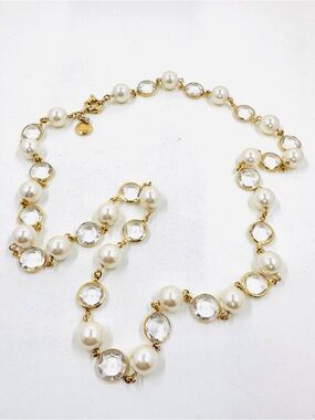 J. Crew Vintage Gold-Tone Pearl and Clear Crystal Station Necklace 32”